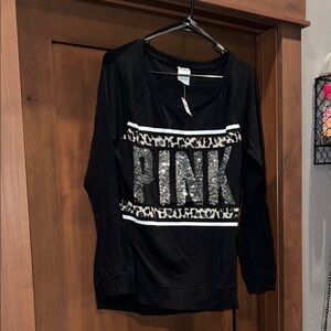 VS Pink- Long Sleeve Black T w Leopard/White Screen Printing and Sequin Letters